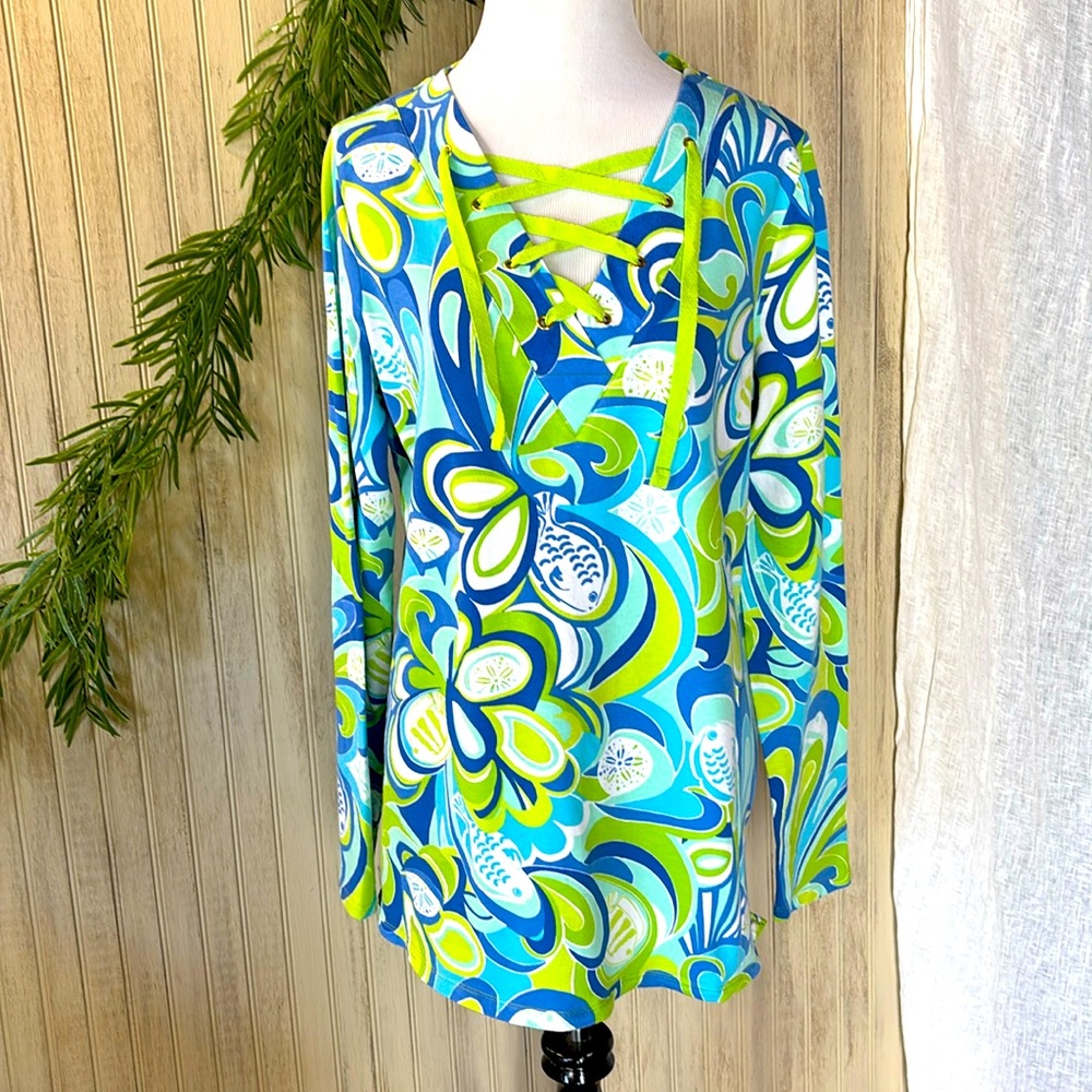 Crown & Ivy Beach 100% Cotton Tunic, Tropical Fish Sand Dollars, Medium, EUC